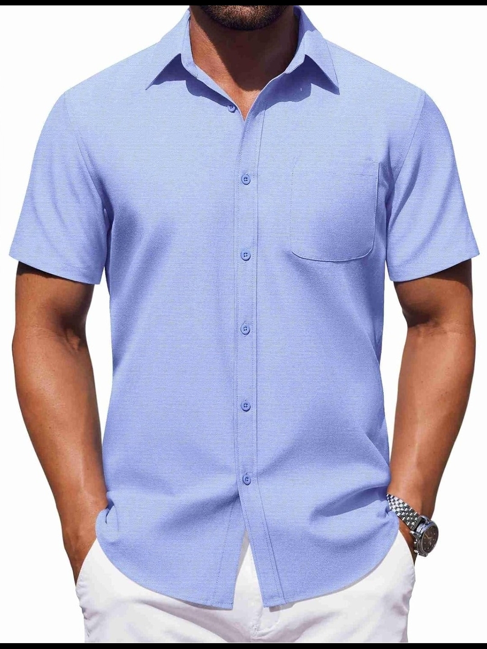 Men's Short Sleeve Button-Up Shirt in Light Blue